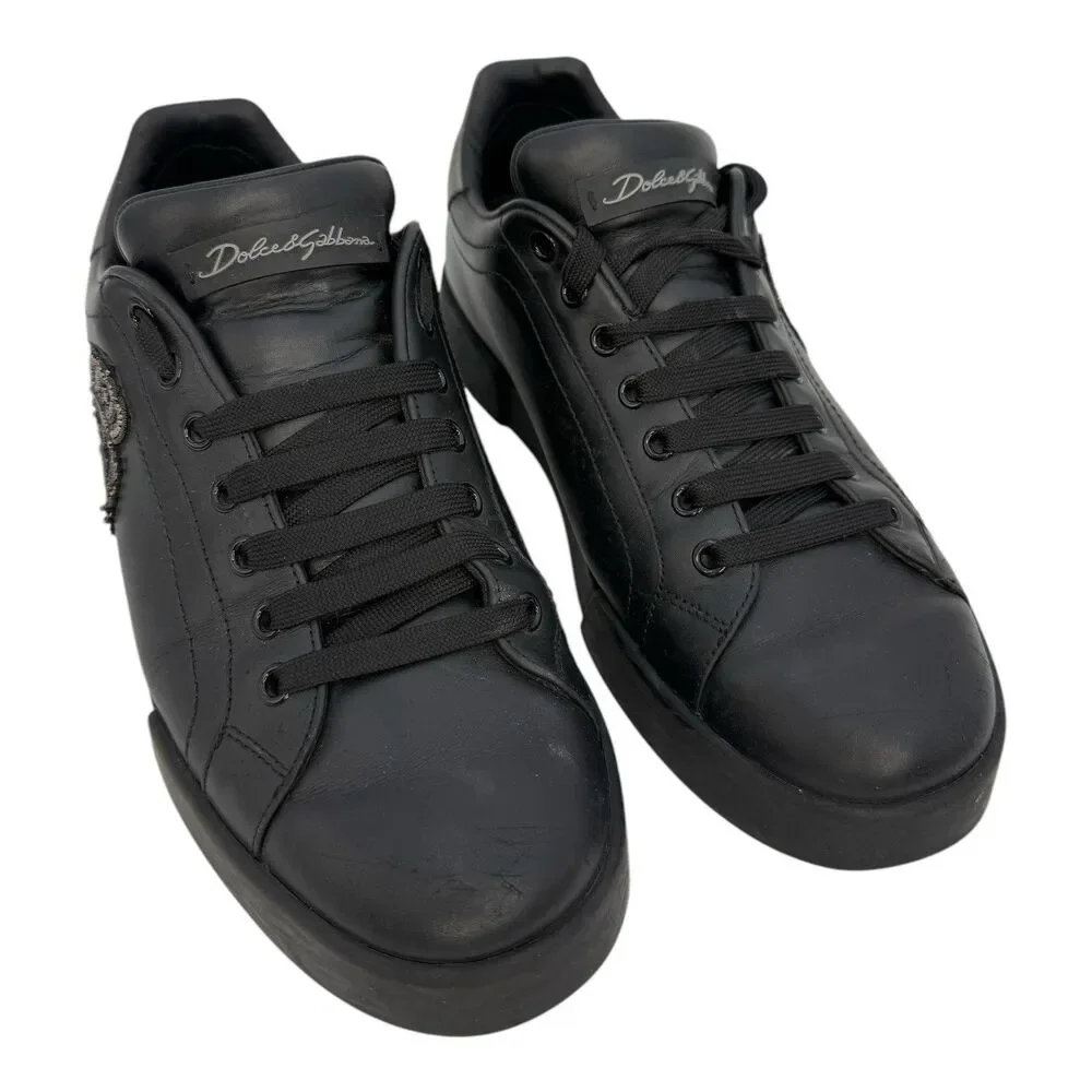 Dolce & Gabbana Black Leather Portofino Crown Patch Sneakers US 7 Eu 40